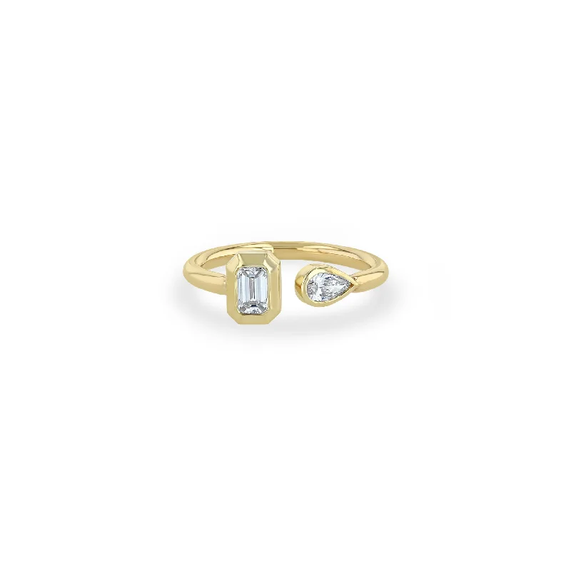 14k Pear & Emerald Cut Diamond Bezel Open Ring