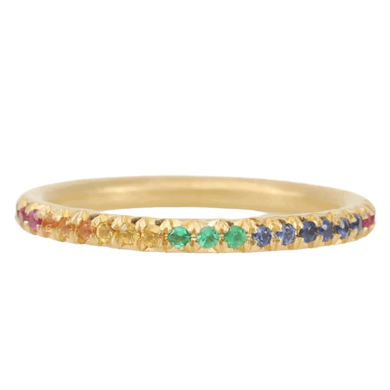 18K Gold Band with Rainbow Sapphire and Emeralds