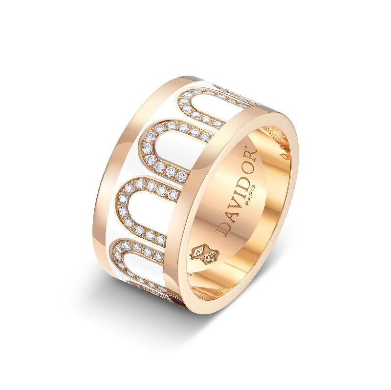 L'Arc de DAVIDOR Ring GM, 18k Rose Gold with Neige Lacquered Ceramic and Arcade Diamonds