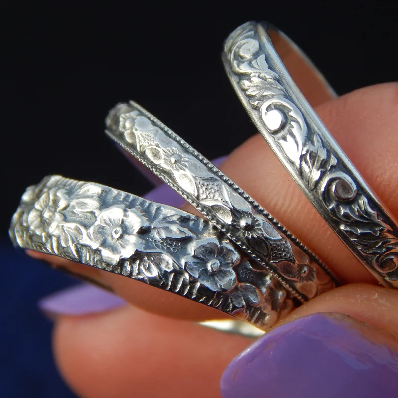 The Florals Set - Set of Three Sterling Silver Floral Bands