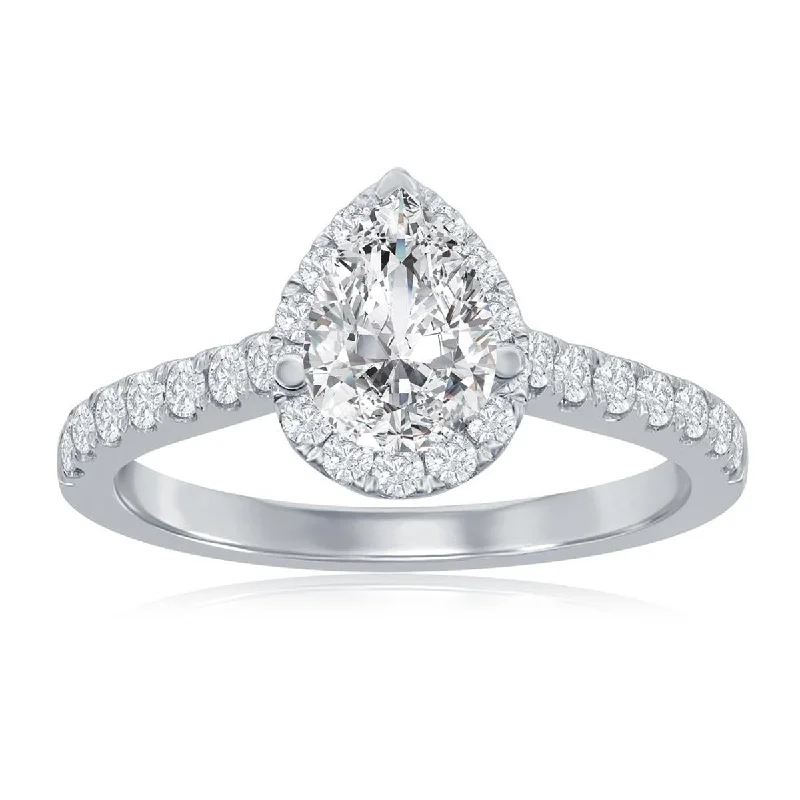 MODERN WHITE GOLD PEAR SHAPED DIAMOND HALO ENGAGEMENT RING SETTING, .46 CT TW