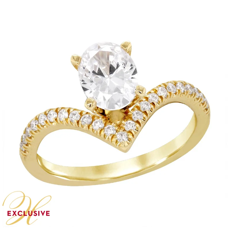 MODERN YELLOW GOLD ENGAGEMENT RING WITH CURVED BAND AND OVAL CENTER, 20 CT TW