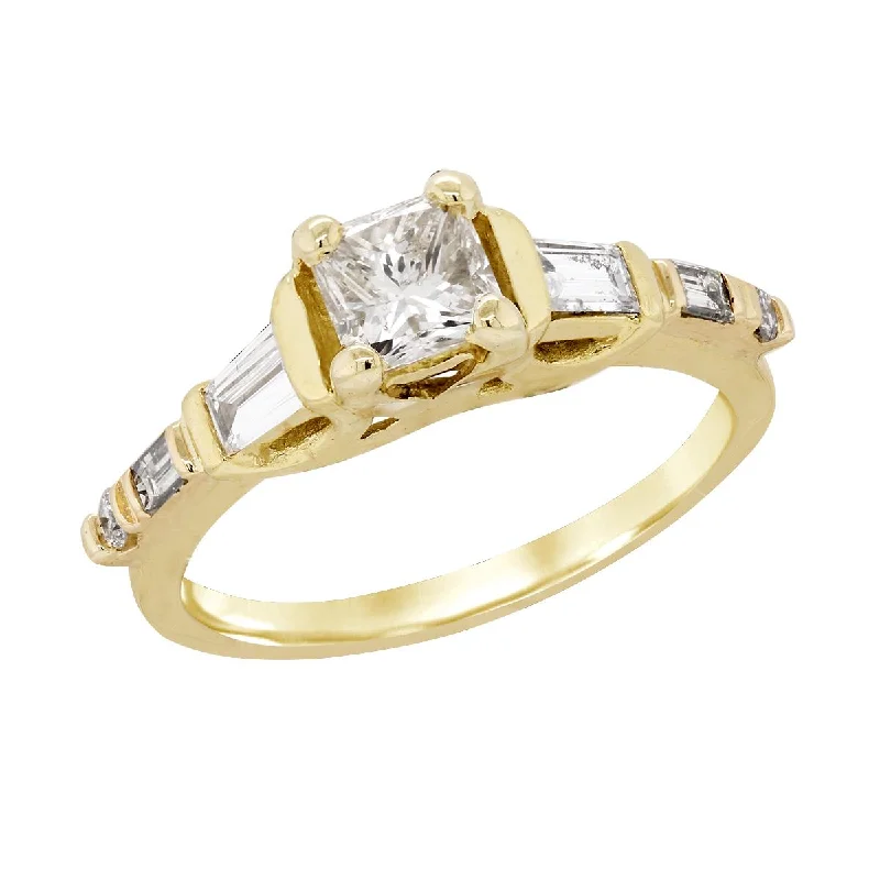 YELLOW GOLD ENGAGEMENT RING WITH PRINCESS CUT CENTER, 1 3/8 CT TW