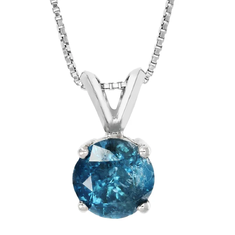 1.75 cttw Blue Diamond Solitaire Pendant Necklace 14K White Gold Round and Chain