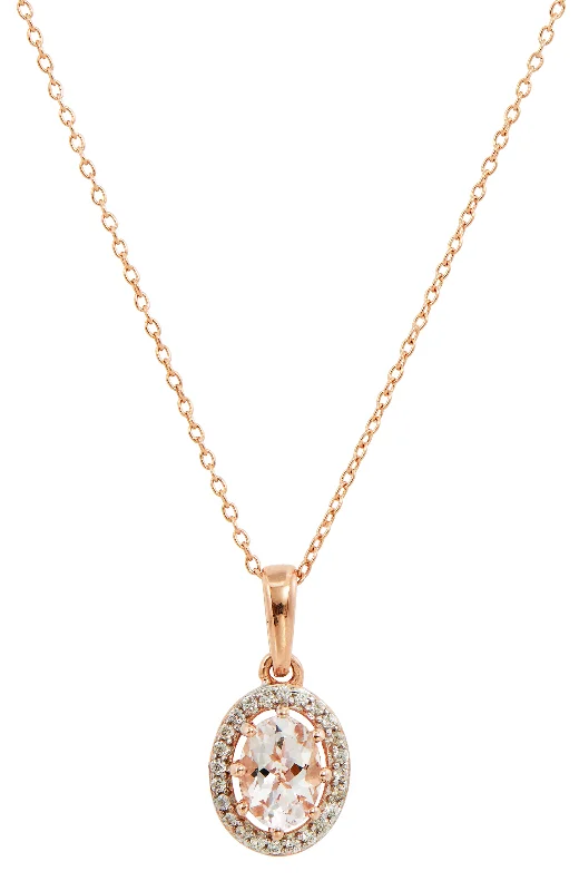 18K Rose Gold over Sterling Silver Genuine Morganite & Natural White Zircon Halo Pendant Necklace