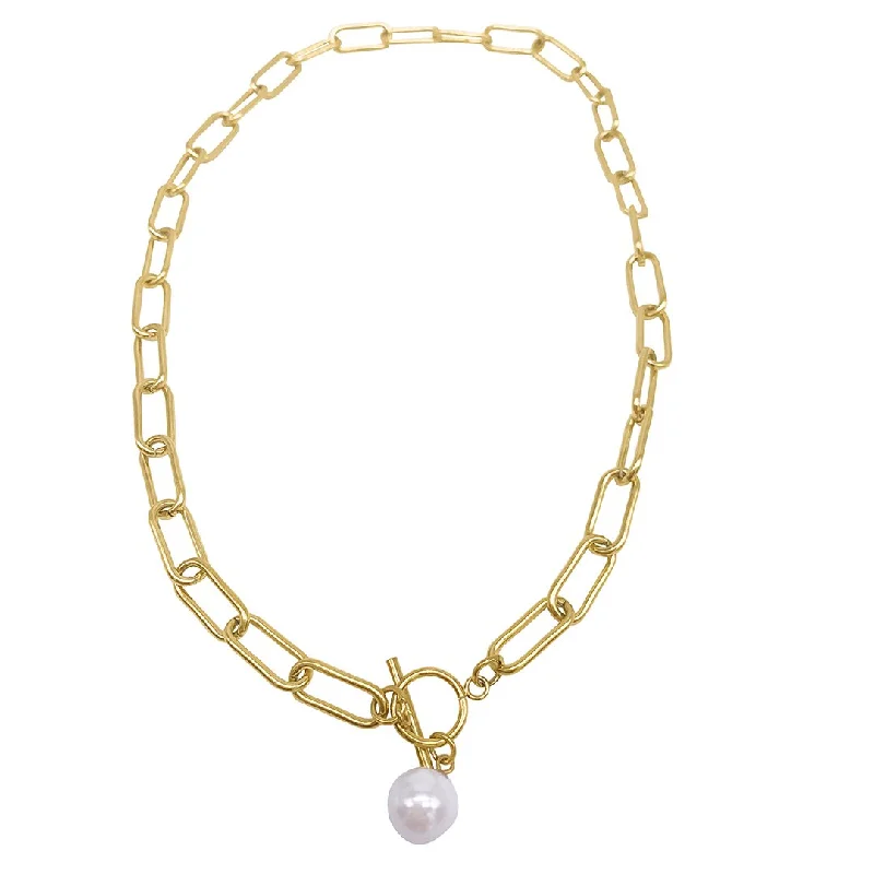 Adornia Paper Clip Toggle Necklace with Pearl gold