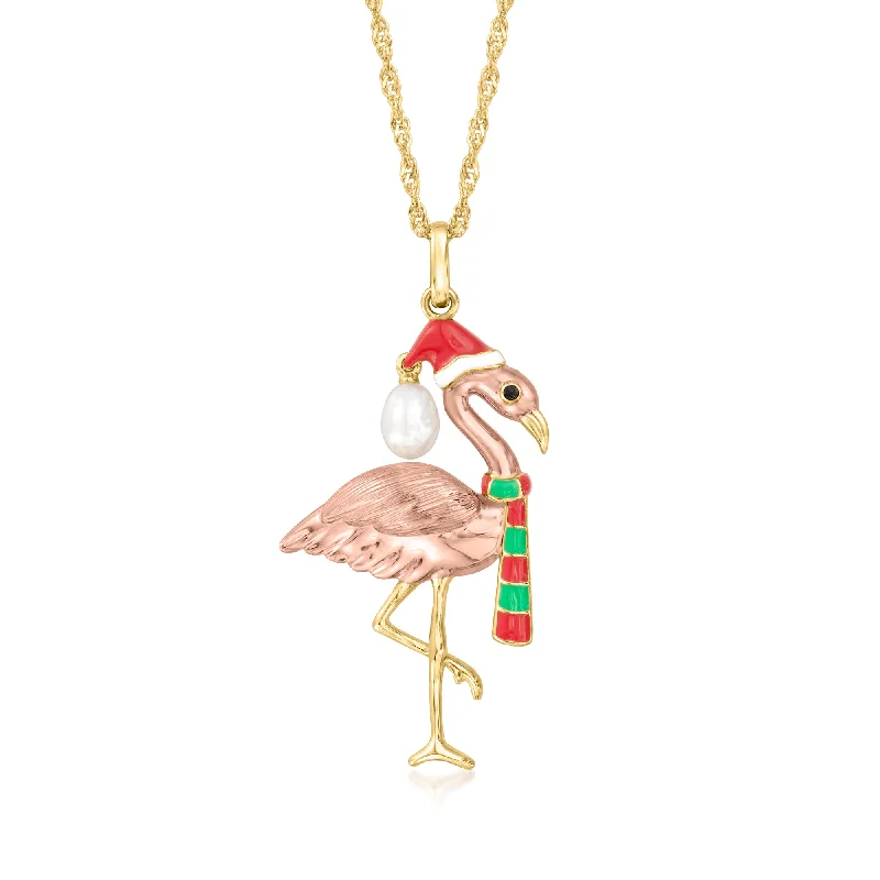 Ross-Simons 5-5.5mm Cultured Pearl and Multicolored Enamel Christmas Flamingo Pendant Necklace in 18kt 2-Tone Gold Over Sterling