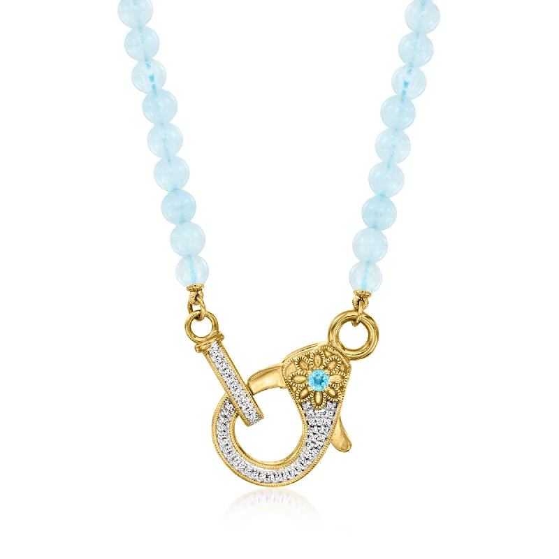 Ross-Simons Aquamarine Bead and . Diamond Lobster Clasp Necklace With Swiss Blue Topaz Accent in 18kt Gold Over Sterling