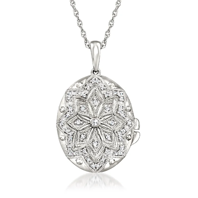 Ross-Simons Diamond Floral Milgrain Locket Pendant Necklace in Sterling Silver