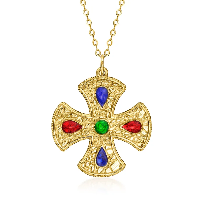 Ross-Simons Italian Multicolored Enamel Cross Pendant Necklace in 14kt Yellow Gold