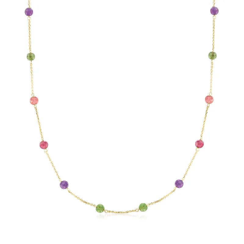 Ross-Simons Italian Multicolored Tourmaline and Amethyst Bead Station Necklace in 18kt Yellow Gold