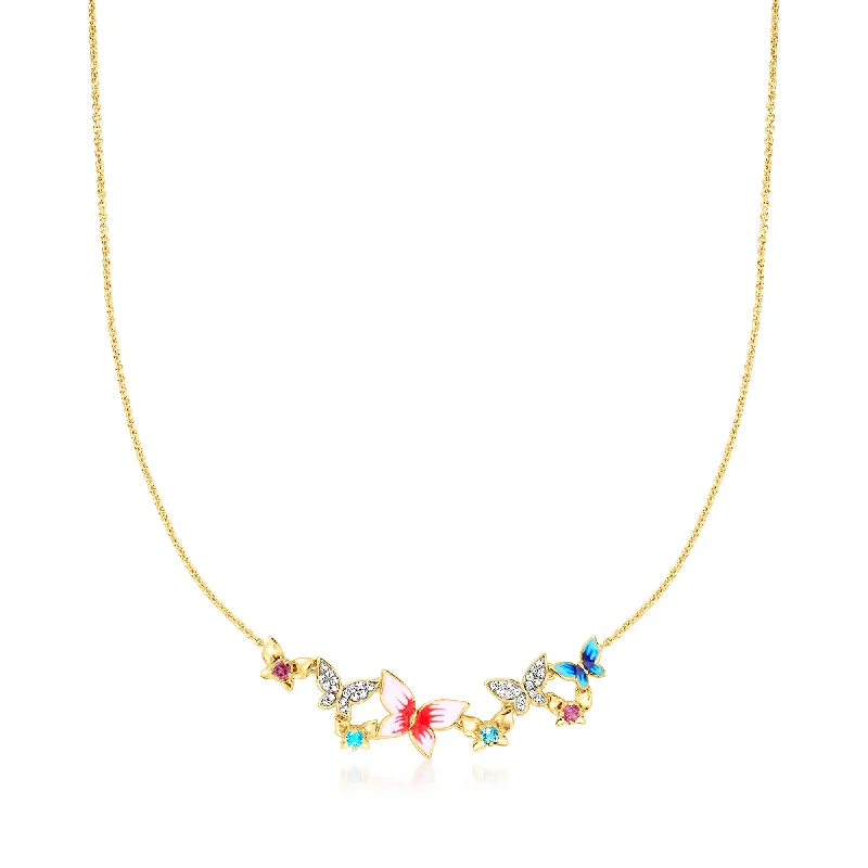 Ross-Simons Multi-Gemstone and Multicolored Enamel Butterfly Necklace in 18kt Gold Over Sterling. 18 inches