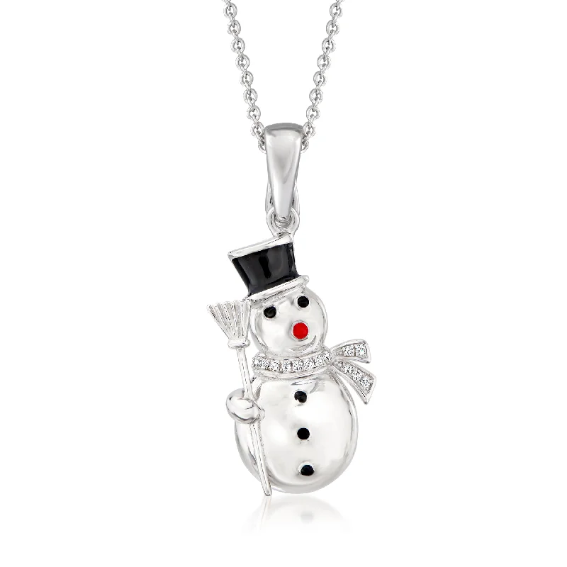 Ross-Simons Sterling Silver Snowman Pendant Necklace With Multicolored Enamel and Diamond Accents