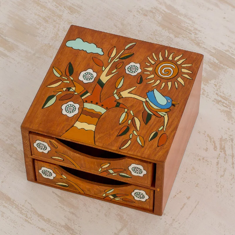 Lively Tree Pinewood Jewelry Box with Bird and Tree Motifs