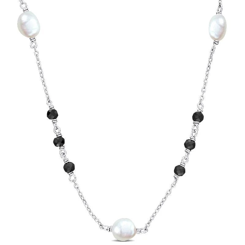 Mimi & Max 4ct TGW Black Moissanite and 4.5-7mm Cultured Freshwater Pearl Curb Link Chain Necklace in Sterling Siilver - 17+2 in.