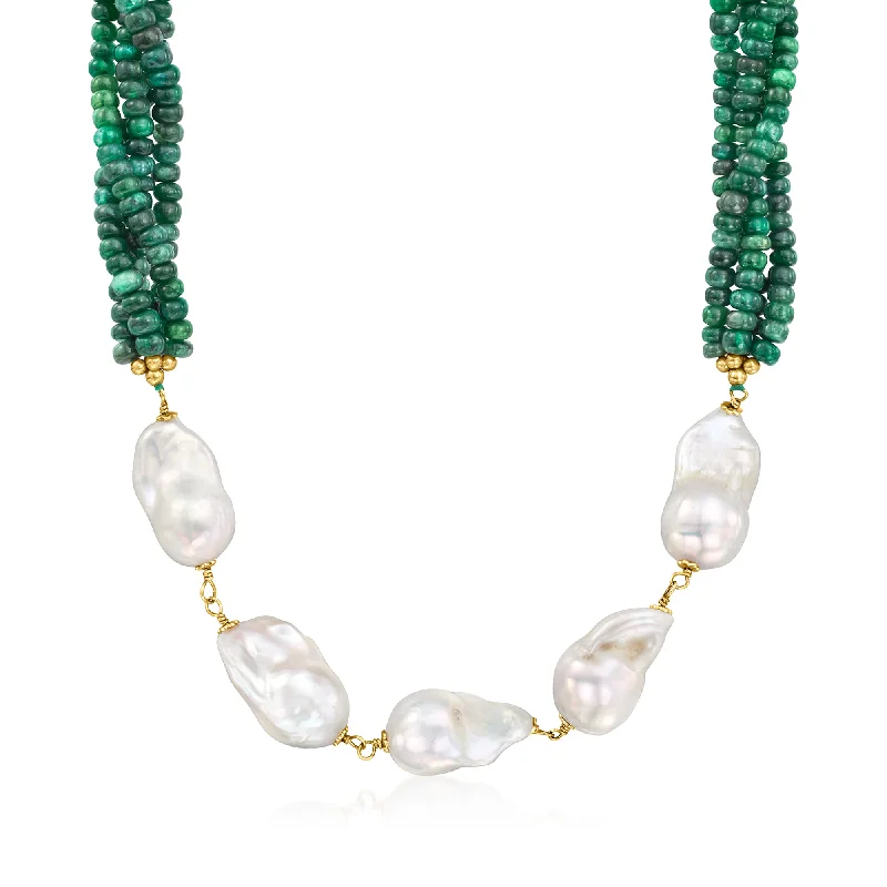 Ross-Simons 24x13mm Cultured Baroque Pearl and Emerald Bead Necklace in 18kt Gold Over Sterling