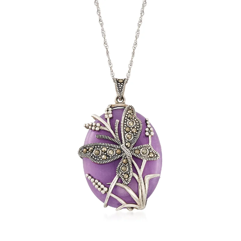 Ross-Simons 30x25mm Purple Agate and Marcasite Beaded Butterfly Pendant Necklace in Sterling Silver