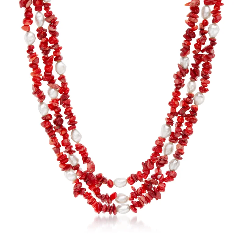 Ross-Simons 7-8mm Cultured Pearl and 4-9mm Red Coral Necklace With Sterling Silver