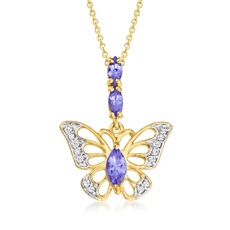 Ross-Simons Tanzanite and . White Topaz Butterfly Pendant Necklace in 18kt Gold Over Sterling