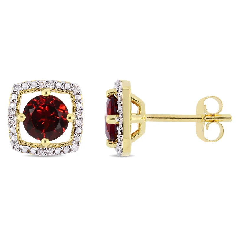 1 1/5 CT TGW Garnet and Diamond Halo Square Stud Earrings in 10k Yellow Gold