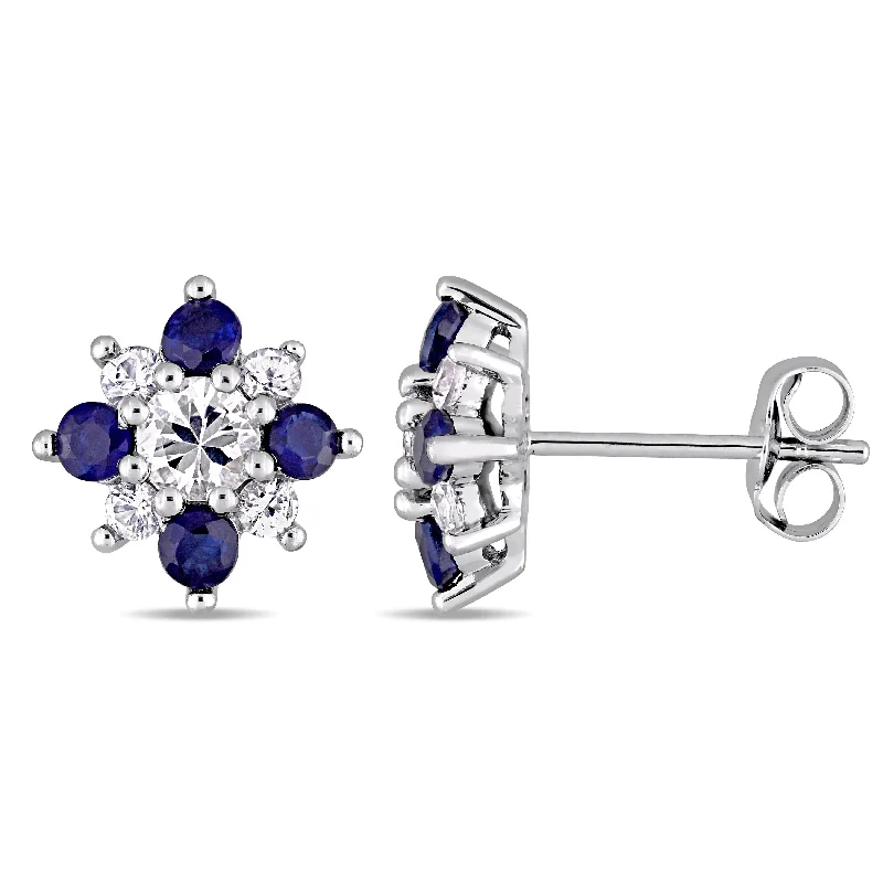 1 3/5 C TGW Blue and White Sapphire Floral Stud Earrings in 14KWhite Gold