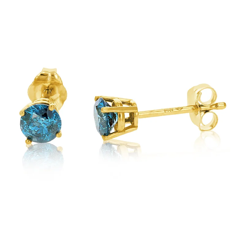 1.50 cttw Blue Diamond Stud Earrings 14k Yellow Gold Round Shape with Push Backs