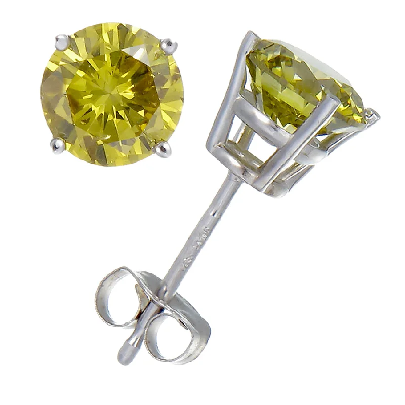 1.50 cttw Yellow Diamond Stud Earrings 14K White Gold Round with Push Backs