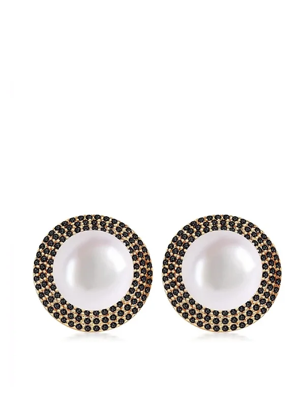 18K Gold Pearl Black Embellished Stud Earrings