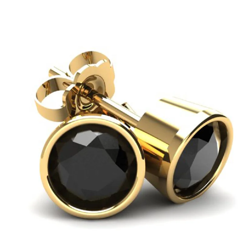 2.00Ct Round Brilliant Cut Heat Treated Black Diamond Stud Earrings in 14K Gold Round Bezel Setting