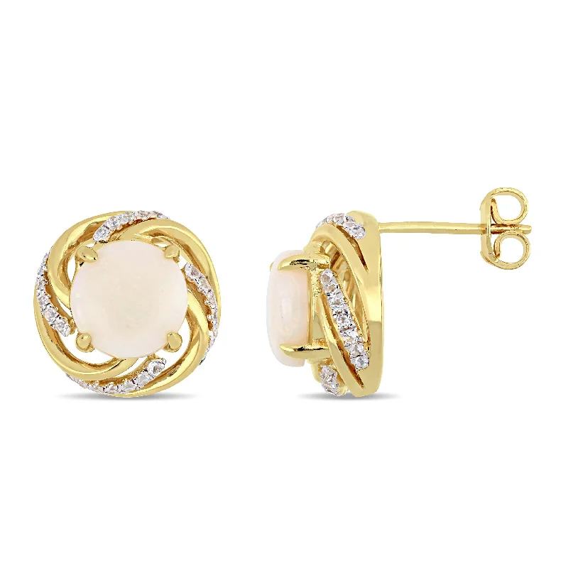 2 3/4 CT TGW Opal White Topaz Interlaced Swirl Halo Stud Earrings in Yellow Plated Sterling Silver