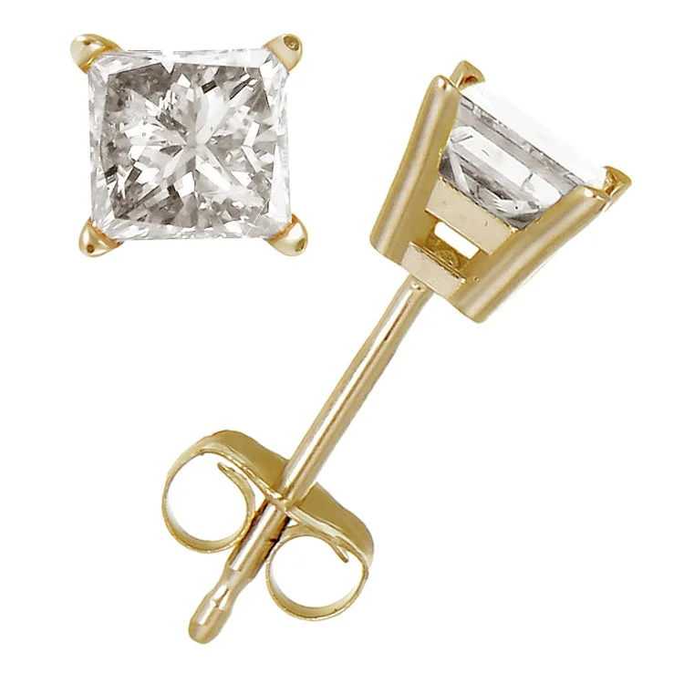 3/4 cttw Princess Cut Diamond Stud Earrings 14k Yellow Gold 4 Prong with Push Backs