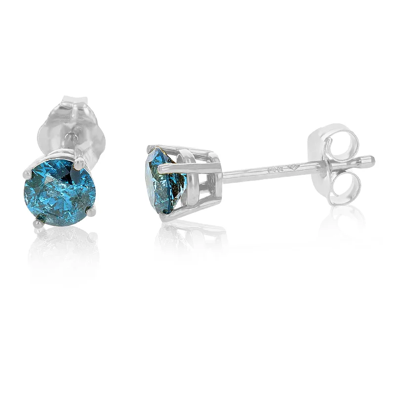 3/8 cttw Blue Diamond Stud Earrings 14k White or Yellow Gold Round Shape with Push Backs