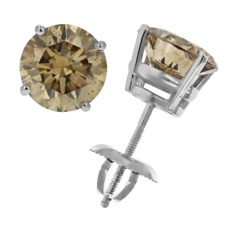 3 cttw IGI Certified I1 Champagne Diamond Stud Earrings 14K White Gold Round with Screw Backs