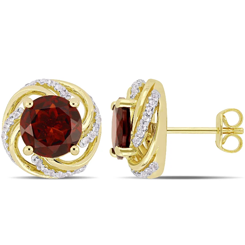 4 1/3 CT TGW Garnet and White Topaz Swirl Stud Earrings in Yellow Plated Sterling Silver