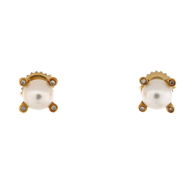 Cable Classic Stud Earrings 18K Yellow Gold with Diamonds and Pearl 7.4mm