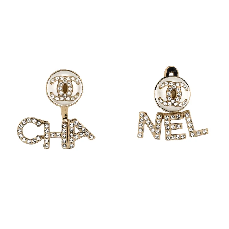 CHA-NEL Drop CC Stud Earrings Metal with Crystals and Faux Pearls