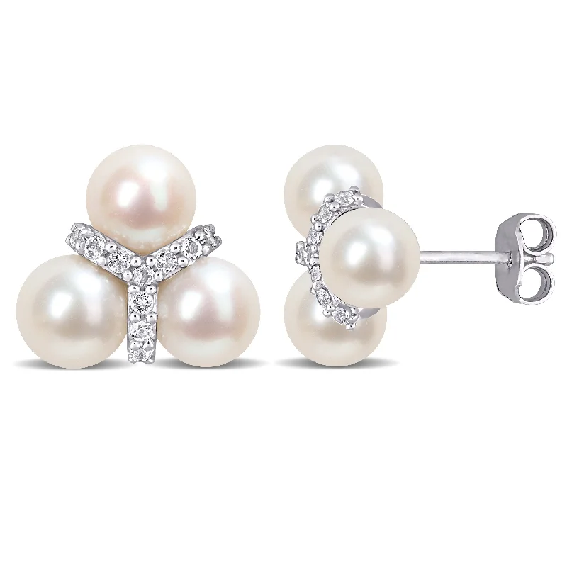 Mimi & Max 6-6.5mm Cultured Freshwater Pearl and 1/5ct TGW White Topaz Floral Stud Earrings in Sterling Silver