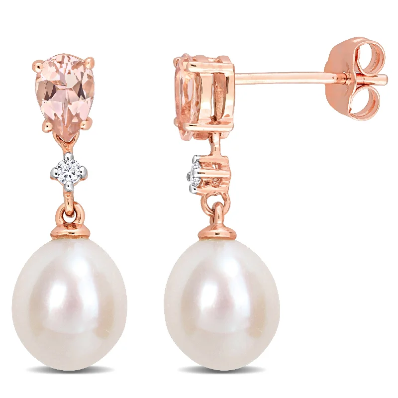 Mimi & Max 8-8.5mm Cultured Freshwater Pearl 4/5ct TGW Morganite and Diamond Accent Drop Stud Earrings in 14k Rose Gold