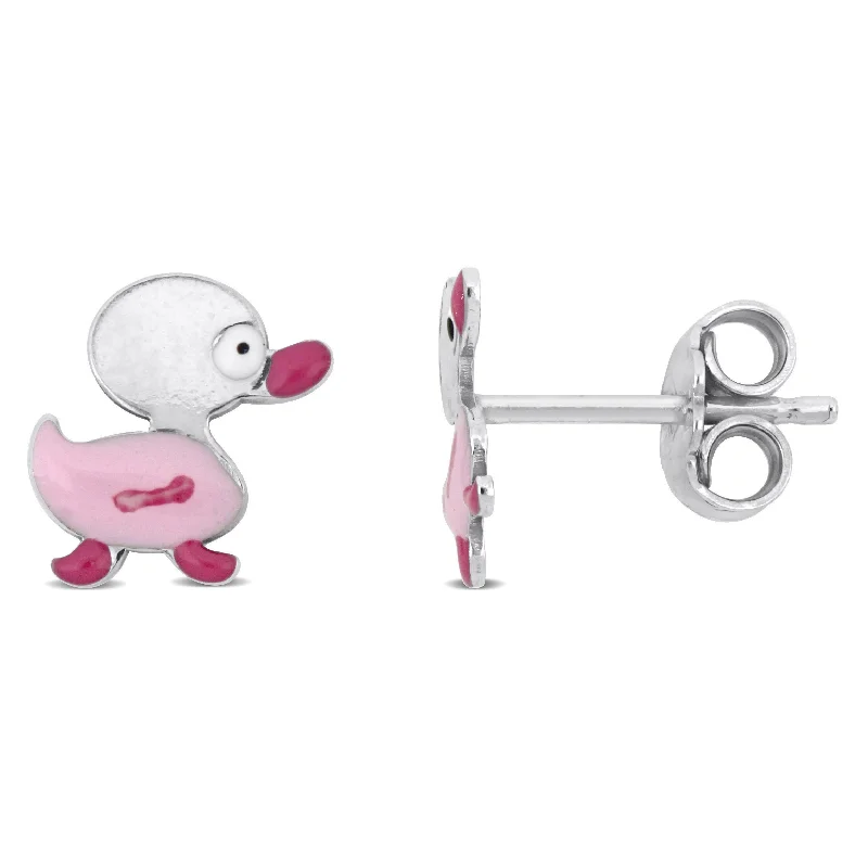 Mimi & Max Pink Enamel Duck Stud Earrings in Sterling Silver