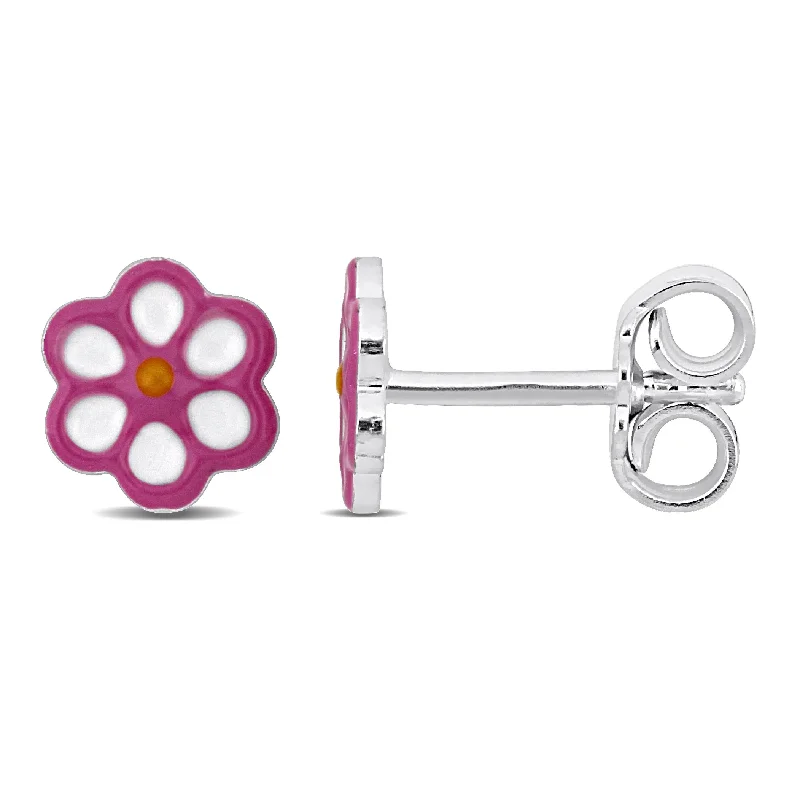 Mimi & Max Pink Enamel Flower Stud Earrings in Sterling Silver