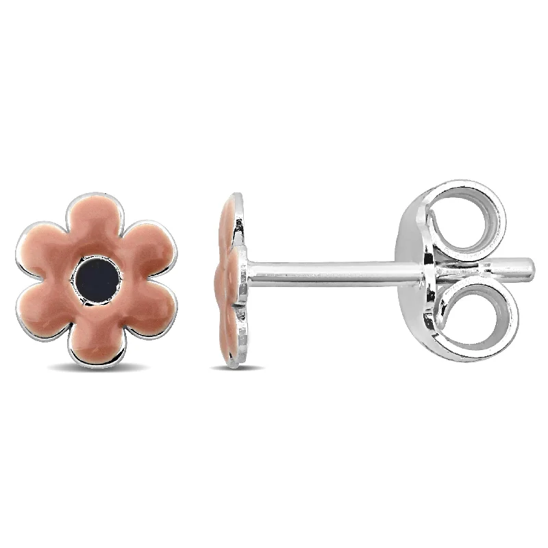 Mimi & Max Pink Enamel Flower Stud Earrings in Sterling Silver