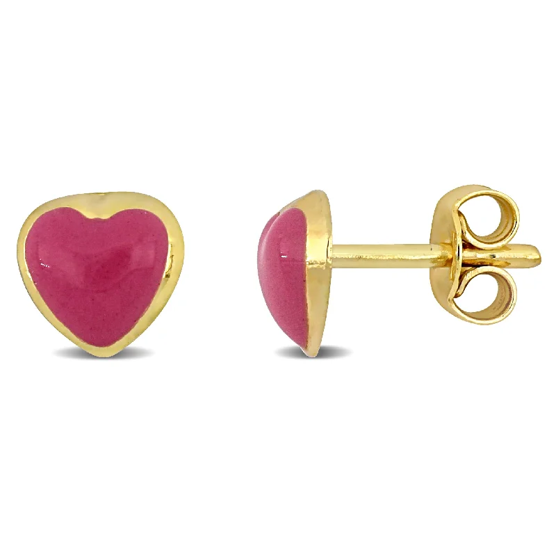 Mimi & Max Pink Enamel Heart Stud Earrings in 14k Yellow Gold