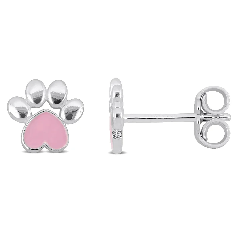 Mimi & Max Pink Enamel Paw Stud Earrings in Sterling Silver