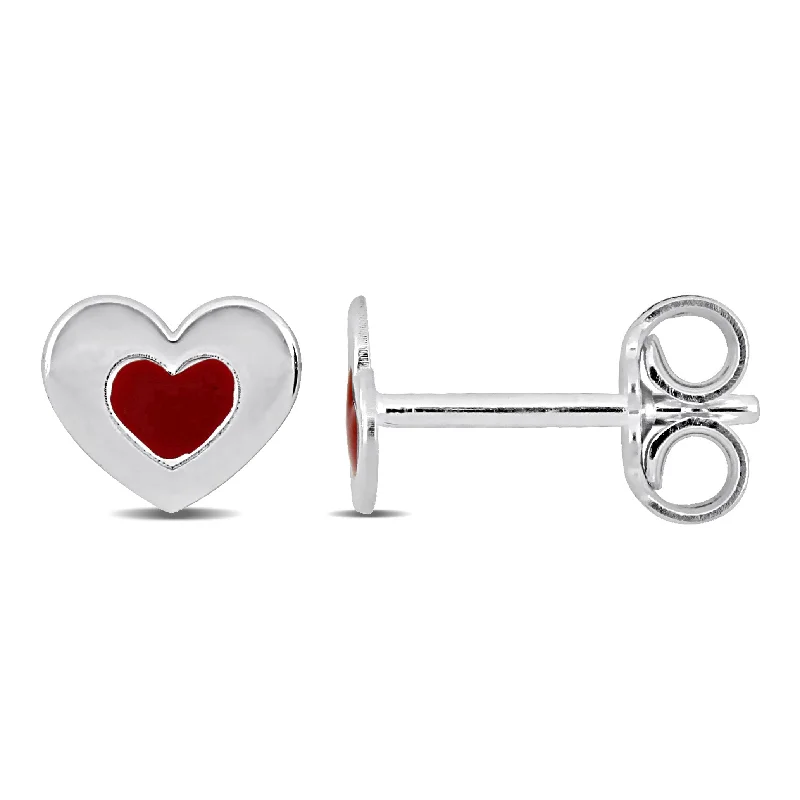 Mimi & Max Red Enamel Heart Stud Earrings in Sterling Silver