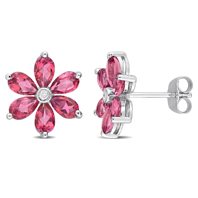 Mimi & Max Womens 4 4/5ct TGW Pear Shape Pink Topaz and Diamond Accent Floral Stud Earrings in 10k White Gold