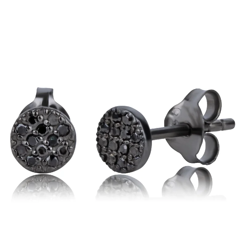 Real Black Diamond Round Stud Earrings in Sterling Silver