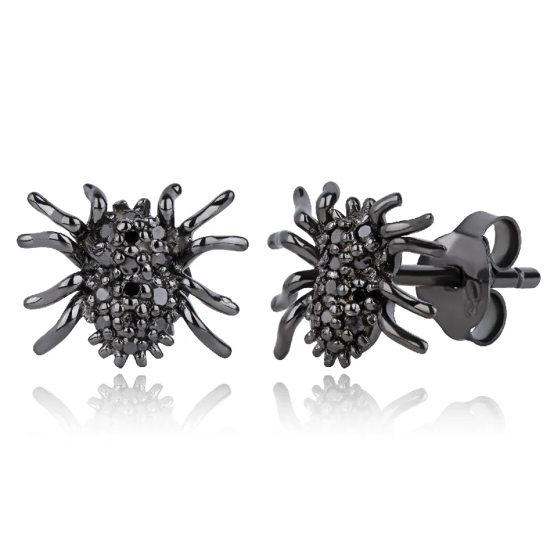 Real Black Diamond Spider Stud Earrings in Sterling Silver