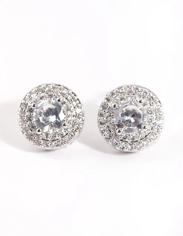 Rhodium Cubic Zirconia Round Halo Stud Earrings