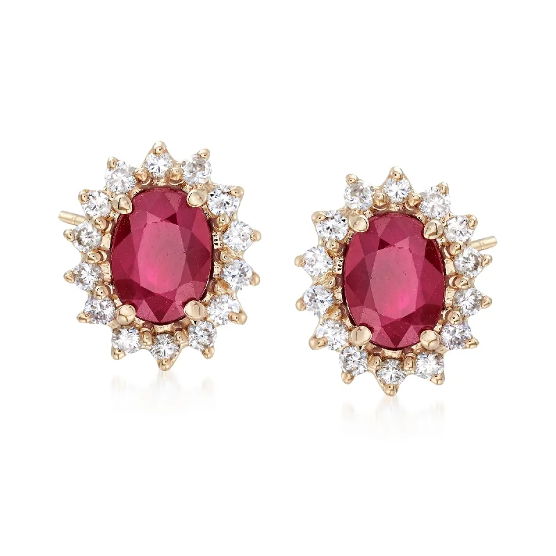 Ross-Simons Burmese Ruby and . Diamond Stud Earrings in 14kt Yellow Gold