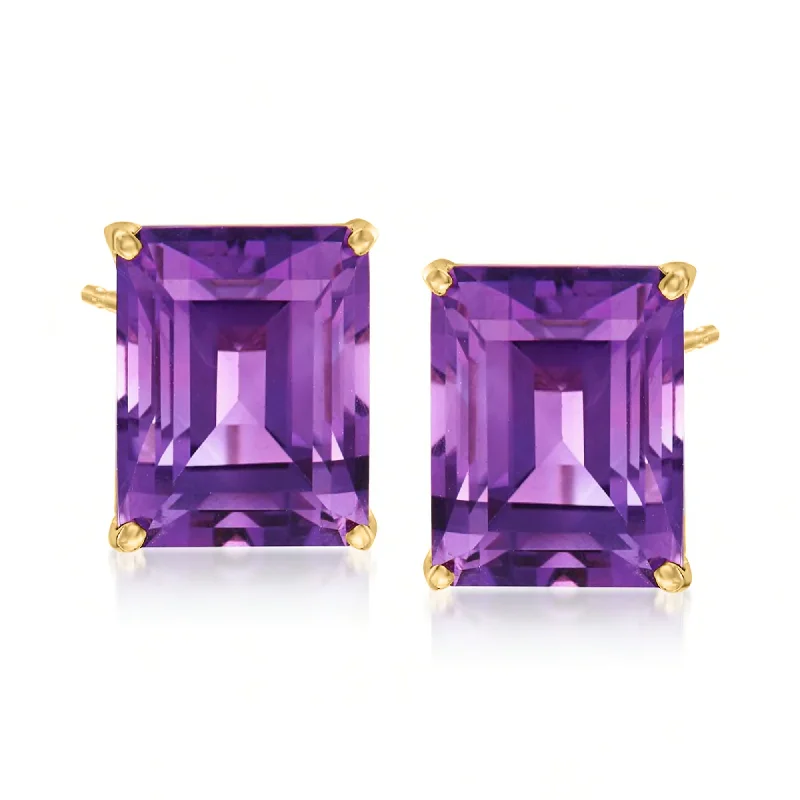 Ross-Simons Emerald-Cut Amethyst Stud Earrings in 14kt Yellow Gold